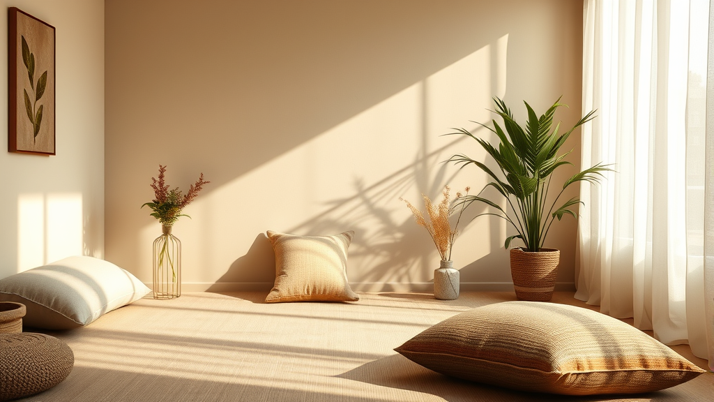 Calm meditation space with soft natural lighting, cushions and plants, representing inner peace and mindfulness practice, warm earth tones, no text no words no letters