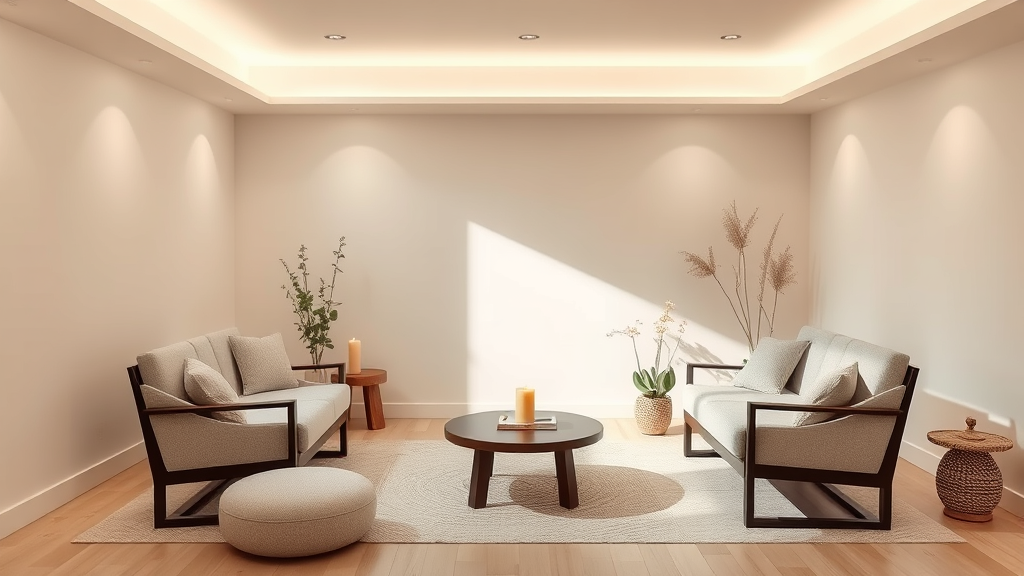 Calm therapy room with comfortable seating and soft natural lighting, peaceful healing environment, no text no words no letters