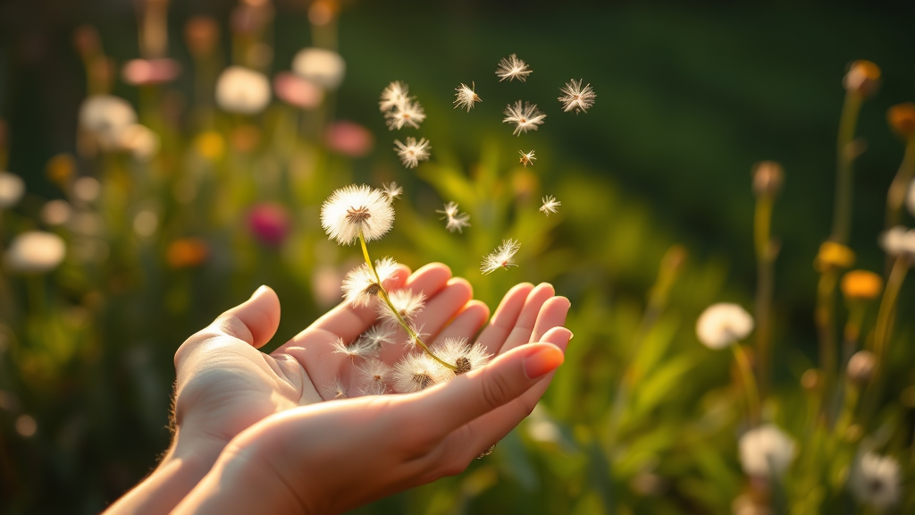 Gentle hands holding floating dandelion seeds in golden sunlight, peaceful garden setting, no text no words no letters