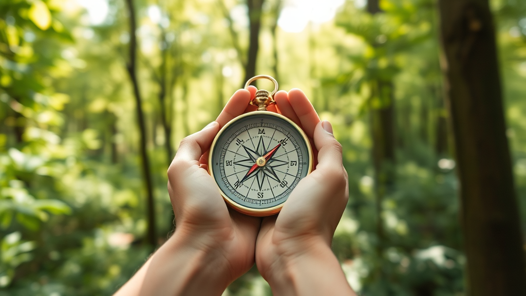 Gentle hands holding compass in forest setting, dappled sunlight, green foliage, peaceful guidance concept, no text no words no letters