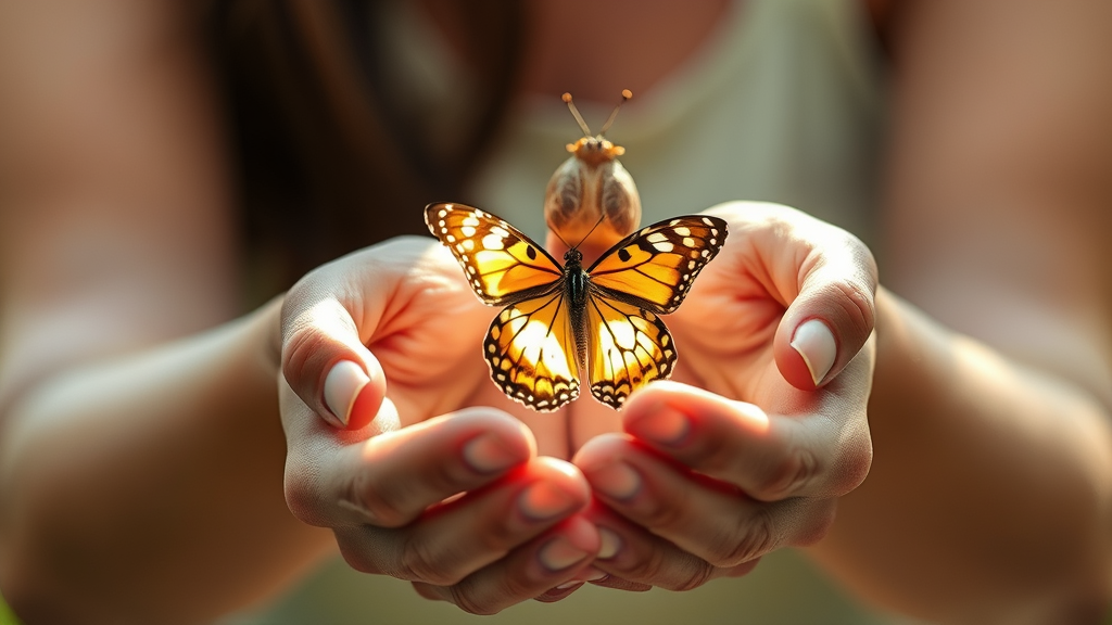 Gentle hands cupping butterfly emerging from cocoon, soft natural lighting, transformation and growth symbolism, no text no words no letters