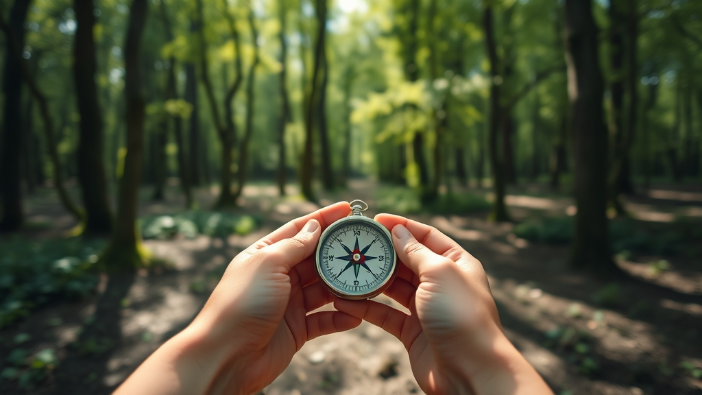 Gentle hands holding a compass in forest setting, dappled sunlight through trees, calm and grounding scene, no text no words no letters