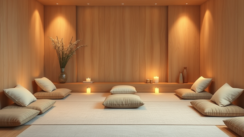 Gentle meditation space with soft cushions warm lighting creating peaceful sanctuary atmosphere no text no words no letters