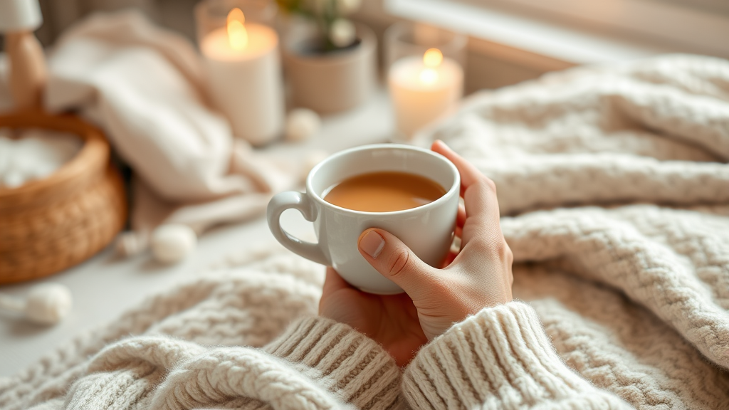 Gentle hands holding a warm cup in cozy therapy setting with soft blankets and calming atmosphere no text no words no letters