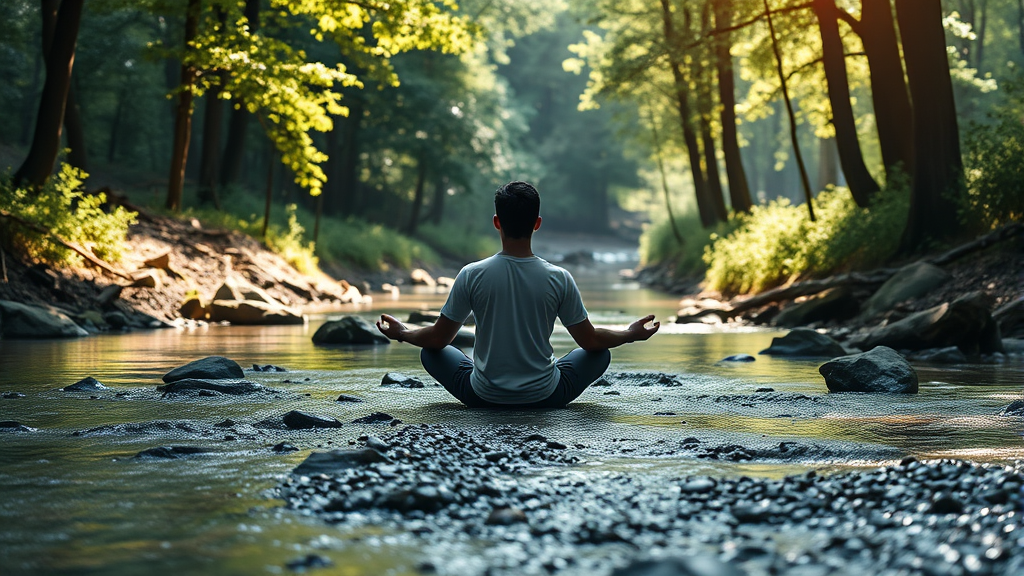 Calm person sitting in meditation pose by flowing stream, dappled sunlight through trees, tranquil forest setting, peaceful reflection, no text no words no letters