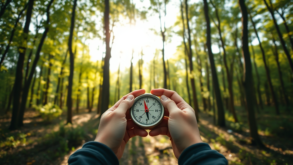Gentle hands holding compass in forest clearing, dappled sunlight filtering through trees, hopeful mood, no text no words no letters