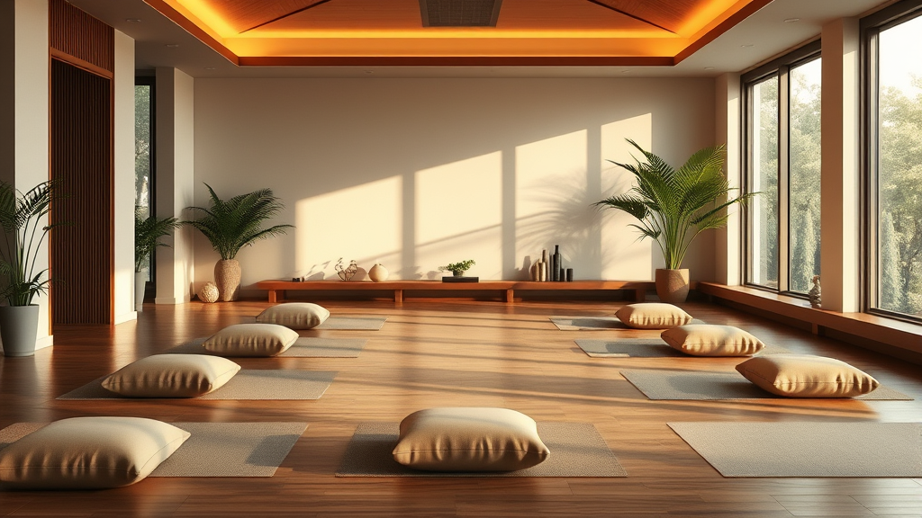 Calm meditation space with soft cushions, warm natural lighting, peaceful indoor sanctuary, tranquil atmosphere, no text no words no letters