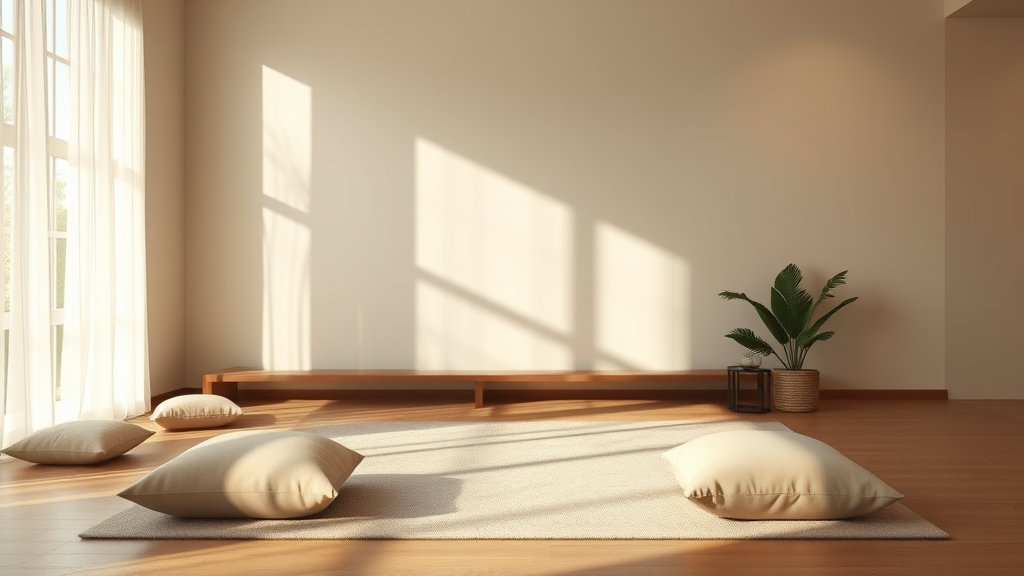 Serene meditation space with soft natural lighting comfortable cushions and gentle shadows promoting inner peace and reflection no text no words no letters