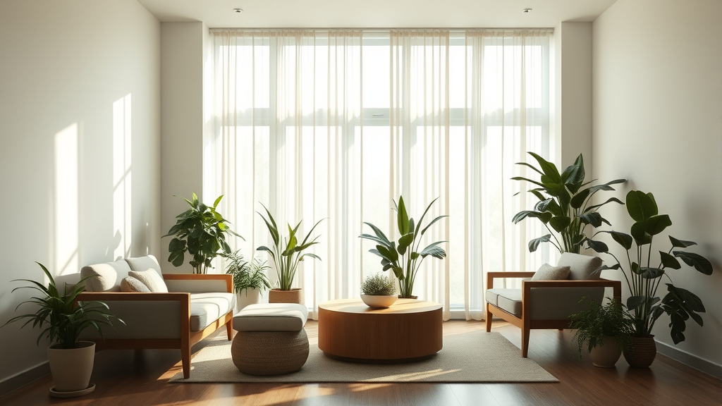 Calm therapy room with natural lighting, comfortable seating, plants, serene healing environment, no text no words no letters