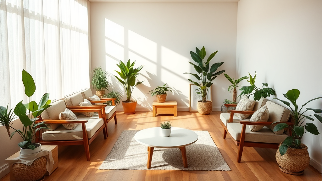 Tranquil therapy room with comfortable seating and plants in warm natural lighting, no text no words no letters