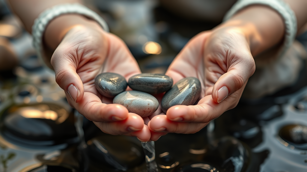 Gentle hands holding smooth river stones in therapeutic setting warm natural lighting mindfulness concept no text no words no letters