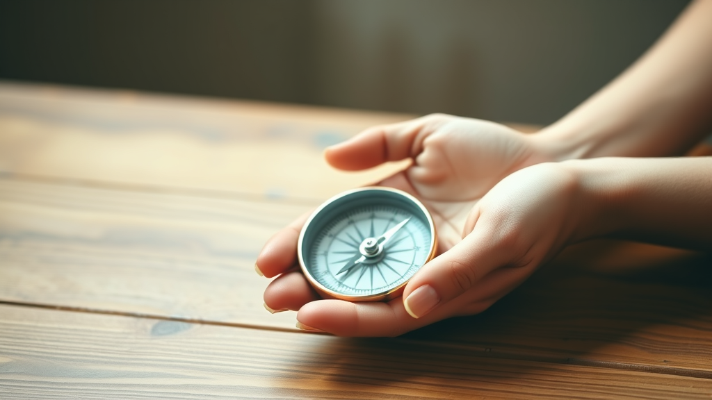 Gentle hands holding compass on wooden table with soft natural lighting, calm atmosphere, warm tones, no text no words no letters