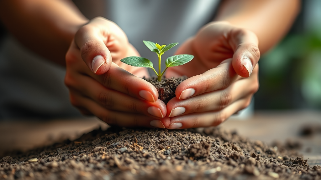 Gentle hands cupping growing plant sprout, soft natural lighting, earth tones, hope and growth concept, peaceful therapeutic setting, no text no words no letters