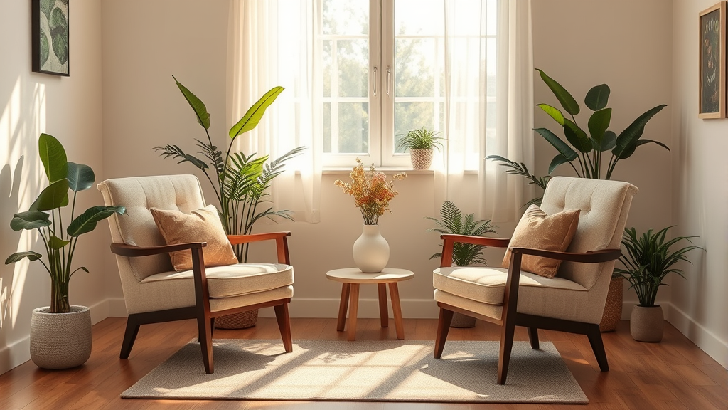 Gentle therapy or counseling setting with warm natural lighting, comfortable chairs, plants, peaceful ambiance, no text no words no letters