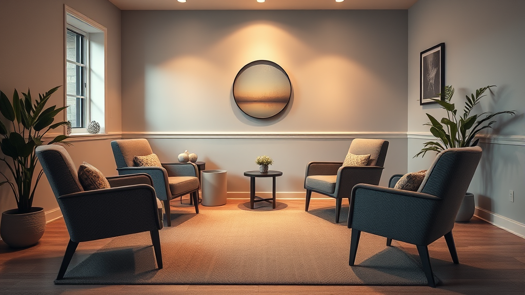 Quiet therapy room with comfortable chairs and warm lighting creating safe healing space for mental wellness no text no words no letters