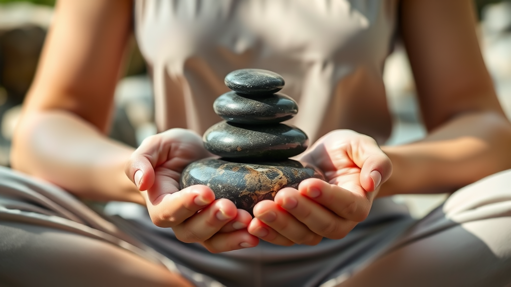 Gentle hands holding smooth river stones in calm meditation pose surrounded by soft natural lighting no text no words no letters