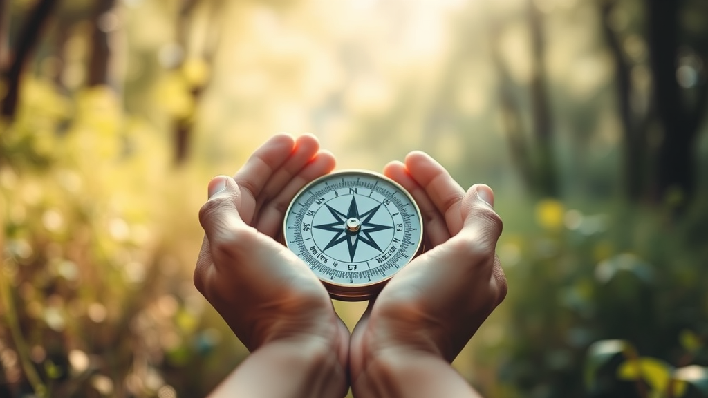 Gentle hands holding compass in nature setting, soft natural lighting, calm therapeutic atmosphere, guidance concept, no text no words no letters