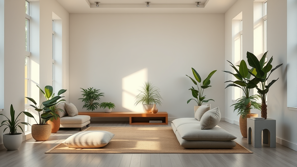 Calm meditation space with soft natural lighting, comfortable seating, plants, representing inner peace and mindfulness during difficult times, no text no words no letters