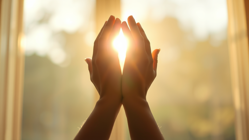 Gentle hands reaching toward sunlight through window, warm golden tones, peaceful therapeutic setting, soft focus, no text no words no letters