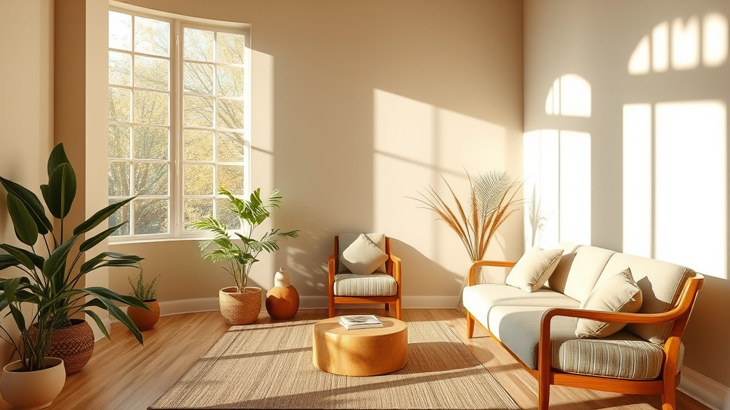 Calm therapy room with natural lighting warm earth tones and comfortable seating creating safe healing space no text no words no letters
