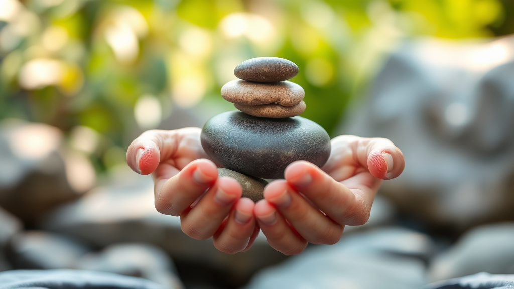 Gentle hands holding smooth river stones in meditation pose, soft natural lighting, zen garden background, no text no words no letters