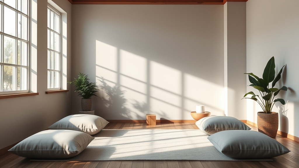 Quiet meditation space with gentle natural lighting, comfortable cushions, plants, tranquil therapy setting, no text no words no letters