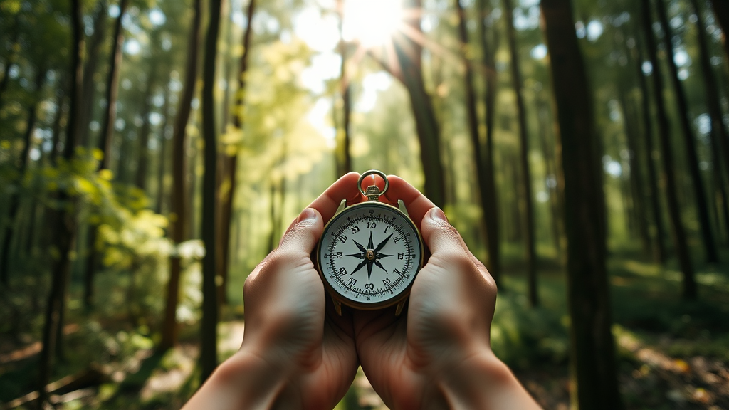 Gentle hands holding compass in forest setting, dappled sunlight through trees, guidance and direction theme, tranquil mood, no text no words no letters
