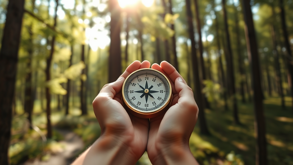 Gentle hands holding compass in forest setting dappled sunlight through trees guidance direction calm natural lighting no text no words no letters