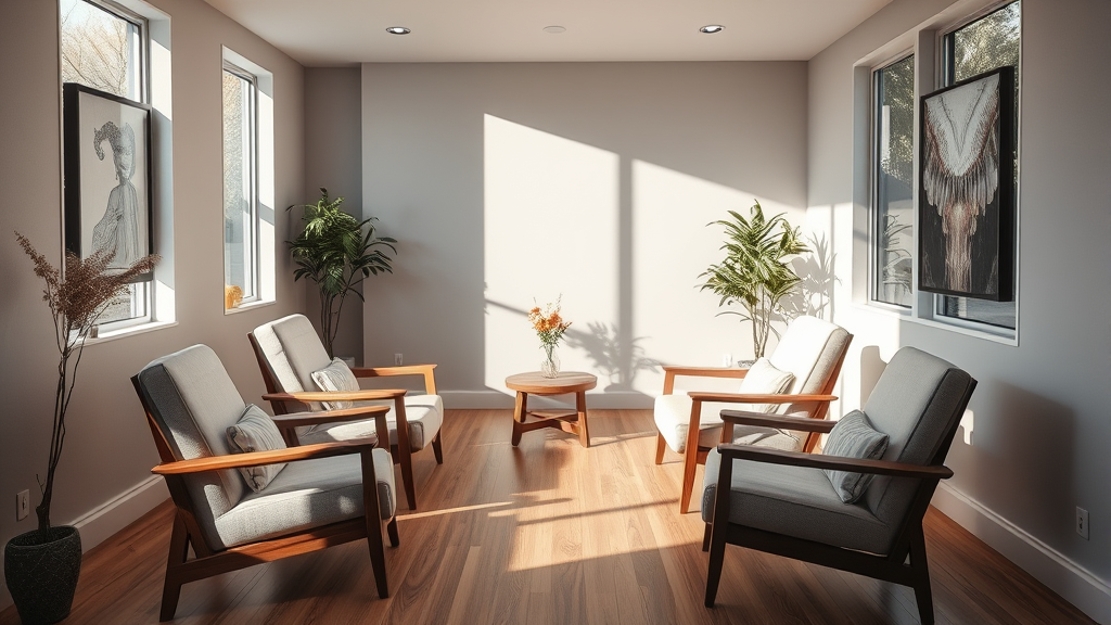 Calm therapy room with comfortable chairs and natural lighting, serene healing environment, no text no words no letters