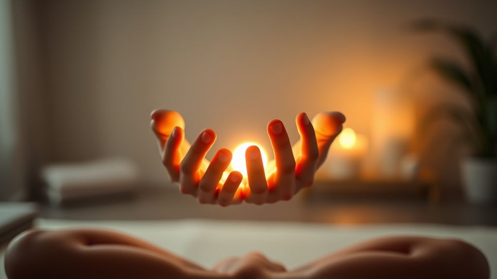 Gentle hands cupping glowing light in meditation pose, soft warm lighting, peaceful therapy setting, calming atmosphere, no text no words no letters