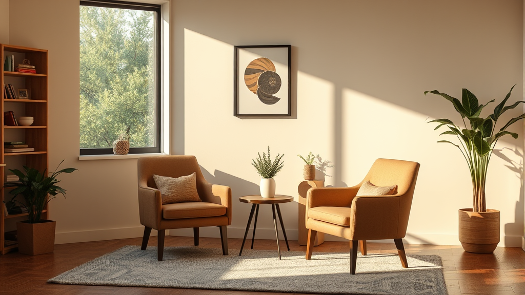 Peaceful therapy office setting with comfortable chairs and natural lighting creating safe space for healing conversations no text no words no letters