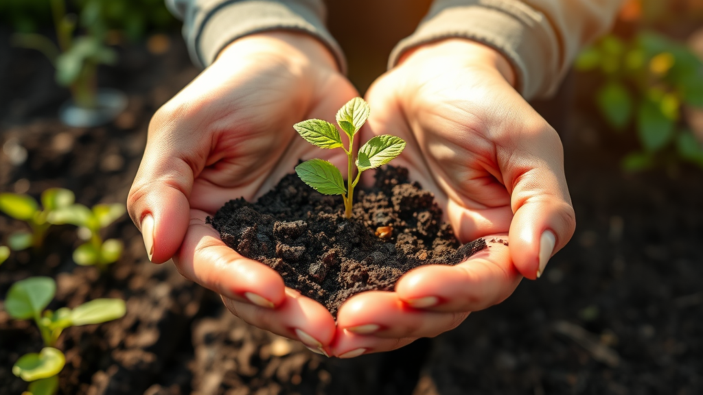 Gentle hands holding seedling in therapeutic garden setting with warm natural lighting, representing growth and healing journey, no text no words no letters