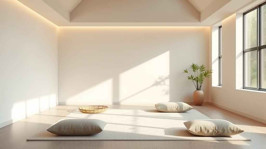 Calm meditation space with gentle natural lighting, soft cushions and peaceful ambiance, no text no words no letters