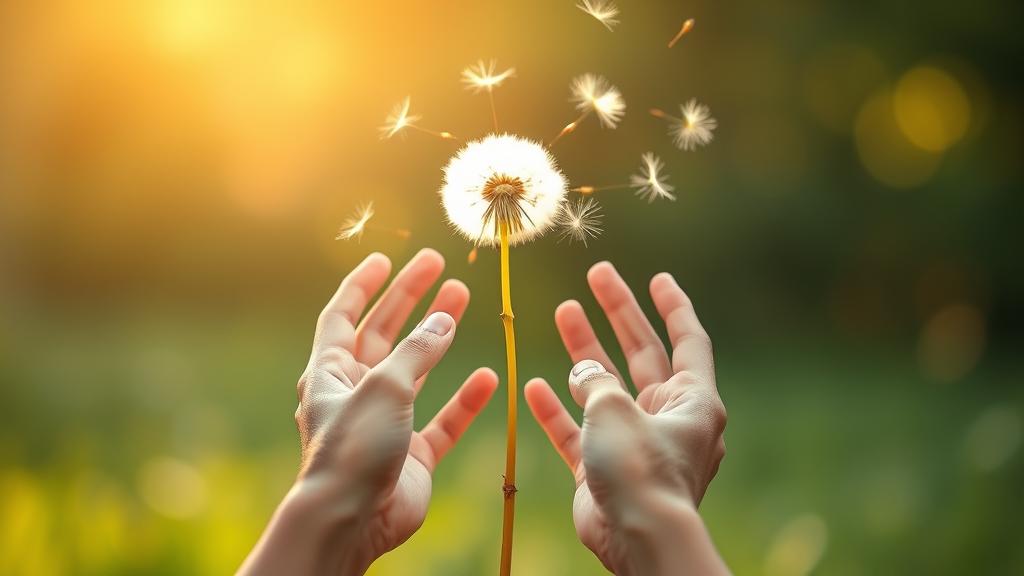 Gentle hands reaching toward floating dandelion seeds, soft natural lighting, representing letting go and trust, no text no words no letters