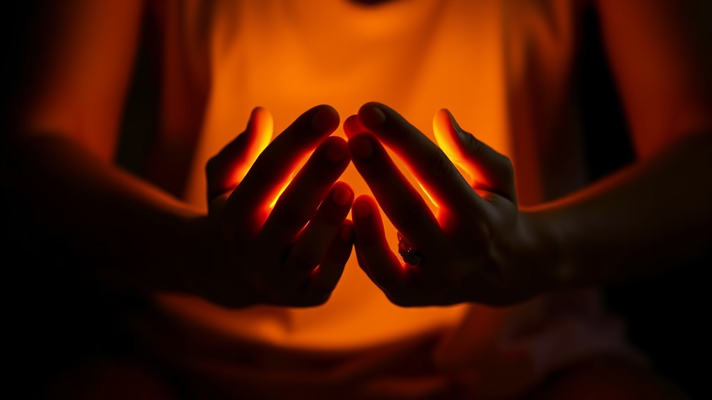Gentle hands cupping glowing light in darkness, warm amber glow, peaceful meditation setting, inner wisdom and clarity, no text no words no letters