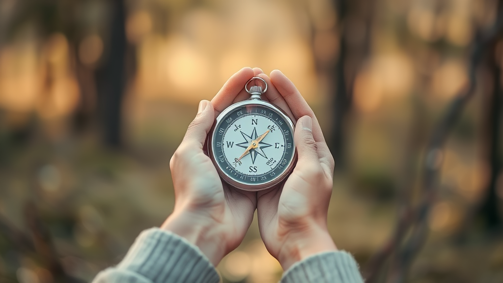 Gentle hands holding compass in serene natural setting, soft focus background, calming earth tones, no text no words no letters