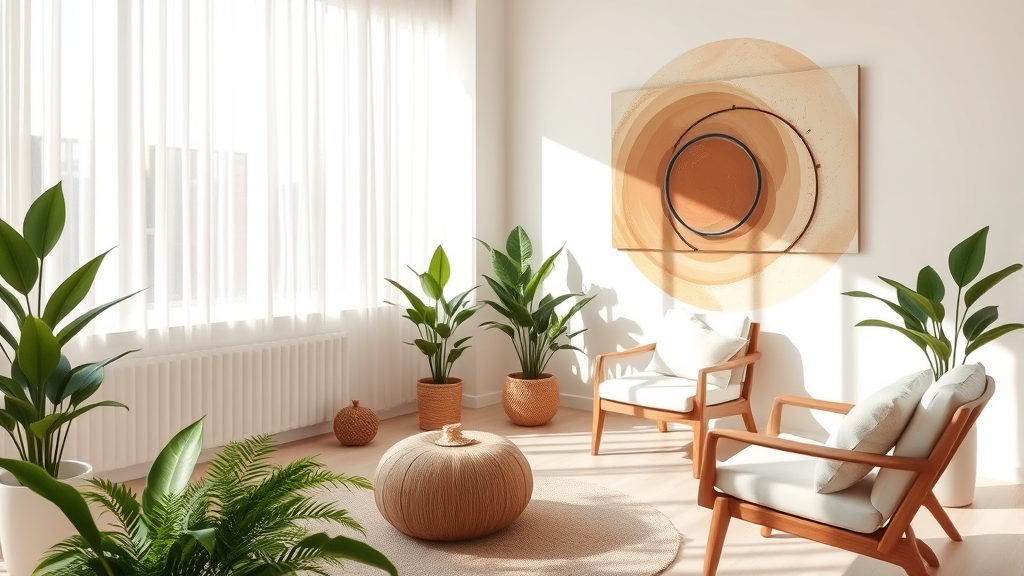 Serene therapy room with natural lighting, comfortable seating, plants, abstract representation of healing journey, calming earth tones, no text no words no letters