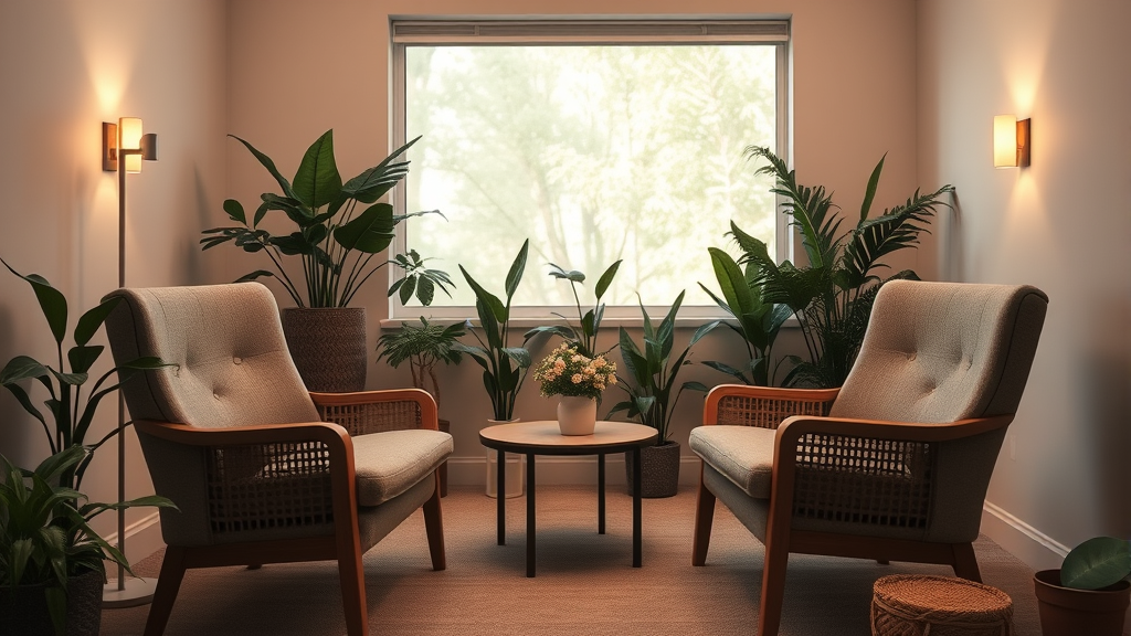 Quiet therapy room with comfortable chairs, warm lighting, plants in background, peaceful healing environment, soft natural colors, no text no words no letters