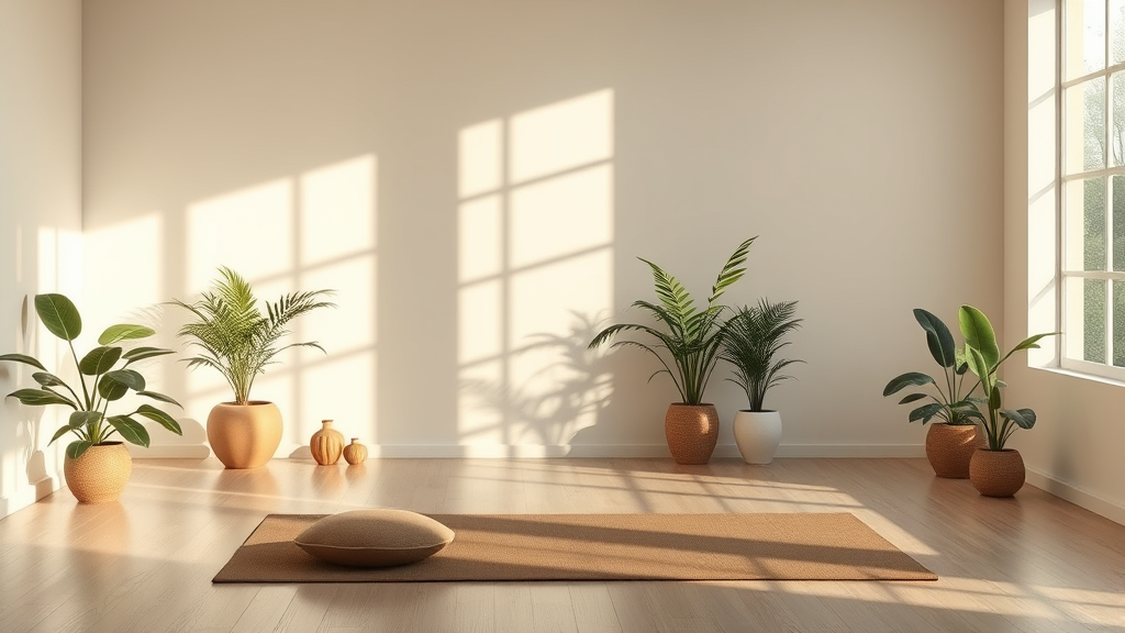 Calm meditation space with soft natural lighting and peaceful indoor plants creating serene atmosphere for reflection no text no words no letters