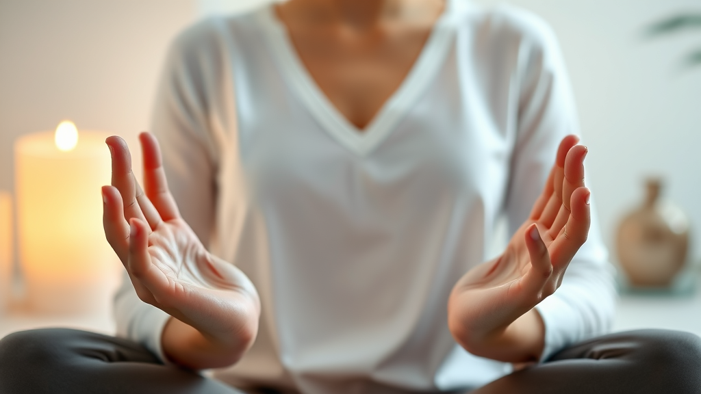 Gentle hands in meditation mudra position, soft lighting, peaceful expression, tranquil spa-like environment, no text no words no letters