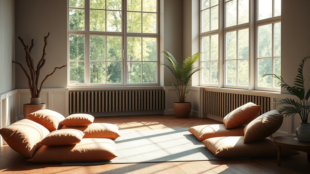 Quiet meditation space with soft cushions and natural light streaming through window creating peaceful ambiance no text no words no letters