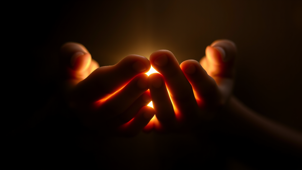 Gentle hands cupping glowing light in darkness, symbolizing hope and inner strength, warm golden glow, peaceful therapeutic setting, no text no words no letters