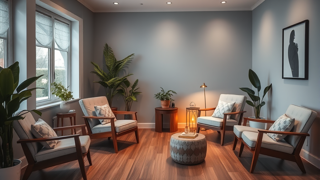 Serene therapy room with comfortable chairs warm lighting plants creating safe supportive healing environment no text no words no letters