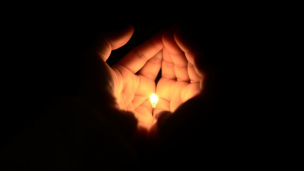 Gentle hands cupping a small glowing light in darkness, representing hope and inner calm, soft warm lighting, no text no words no letters