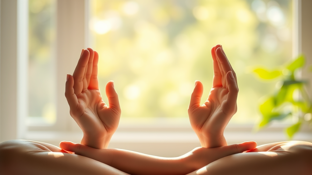 Gentle hands in meditation pose surrounded by soft natural lighting creating atmosphere of tranquility no text no words no letters