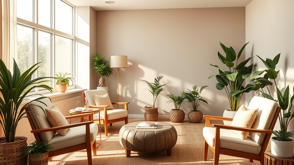 Serene therapy room with comfortable chairs, warm natural lighting, plants, calming earth tones, no text no words no letters
