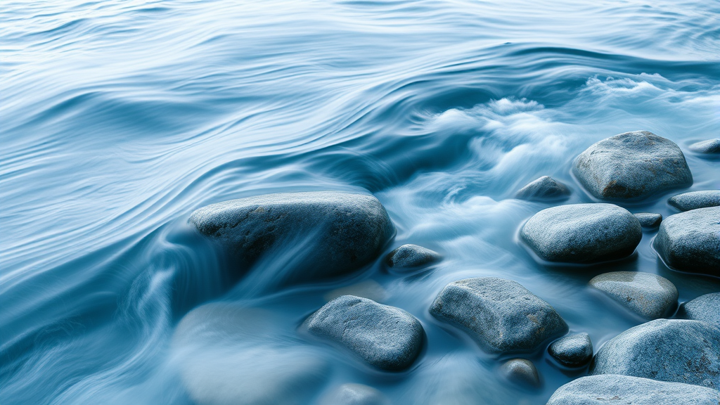Abstract flowing water over smooth river stones, gentle movement suggesting adaptation and flow, calming blue tones, no text no words no letters