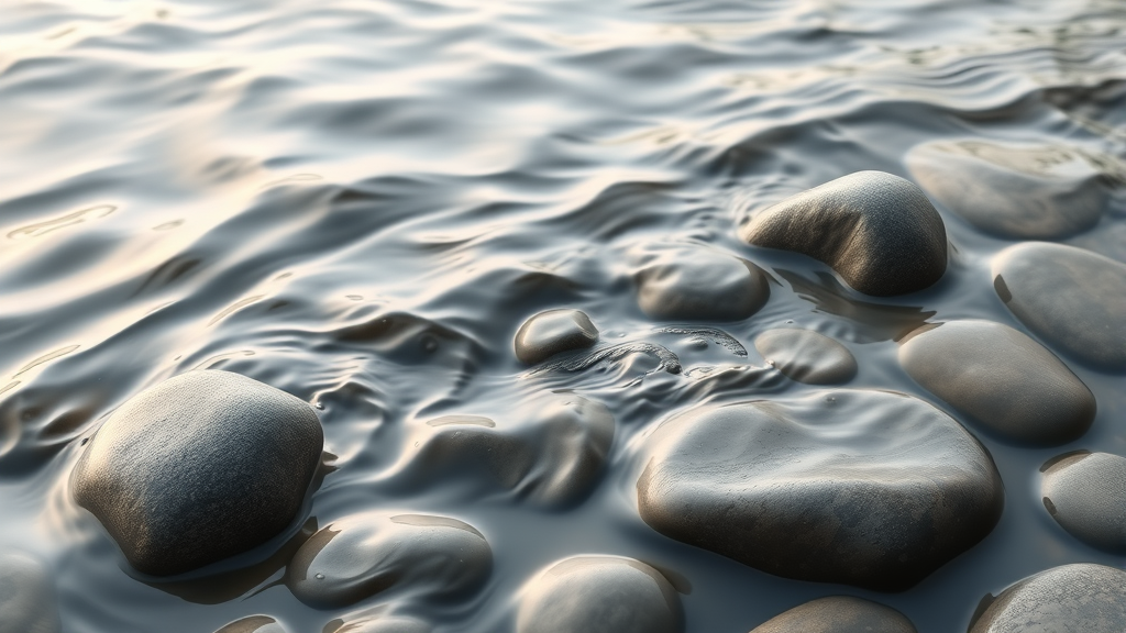 Abstract flowing water over smooth stones representing emotional balance and tranquil movement no text no words no letters