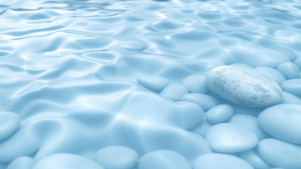 Abstract flowing water over smooth stones, gentle movement, clarity and serenity concept, soft blues and whites, no text no words no letters