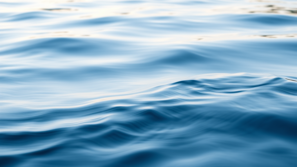 Abstract flowing water meeting calm lake surface, soft blues and whites, tranquil reflection, serene nature scene, no text no words no letters